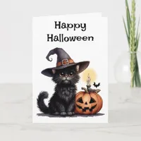 Happy Halloween Cat in a Witch Hat Personalize Card