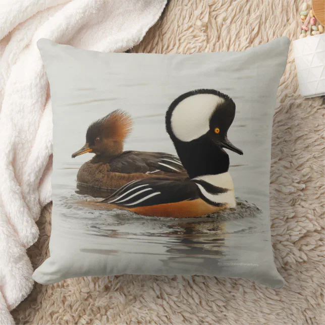 Stunning Hooded Merganser Ducks at Winter Pond Throw Pillow