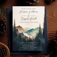 Watercolor Mountains Pine Forest Script Wedding Invitation