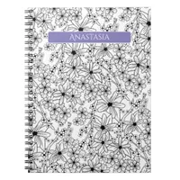 Hand Drawn Floral White Black Pattern Purple Name Notebook