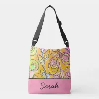Abstract leaves pink gold green and custom name crossbody bag