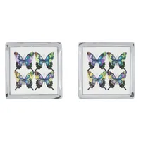 Aqua, Pink, and Yellow -  Elegant Butterflies Silver Cufflinks