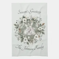 Cute Rabbits in a Floral Winter Wreath Kitchen Towel