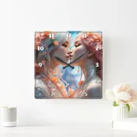 Two Figures Kissing Surrounded by Blossoms Square Wall Clock