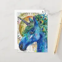 Watercolor Blue Peacock Unicorn Postcard