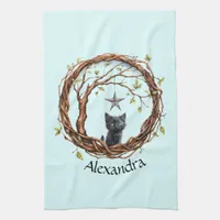 Cute Black Kitten Watching a Star Kitchen Towel