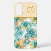 Teal and Yellow Flowers Alcohol Ink Monogrammed iPhone 16 Case