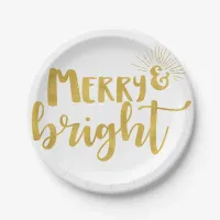 Faux Gold Typography Merry and Bright Christmas Paper Plates