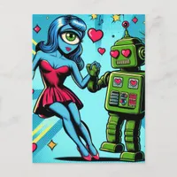 Alien and a Robot in Love Postcard