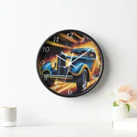 Classic hot rod racing through fiery background clock