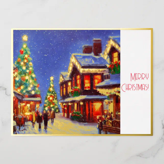 Village at Christmas with people and ornaments  Foil Holiday Postcard
