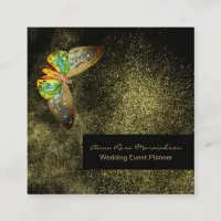 *~* Gold Glitter Gilded Butterfly Girly Chic Black Square Business Card