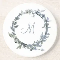 Dusty Blue Botanical Wreath Monogram Coaster