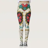 Crazy Sugar Skull White, Red and Turquoise Legging