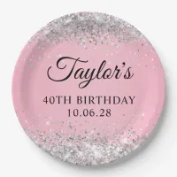Silver Glitter Pink 40th Birthday Paper Plates