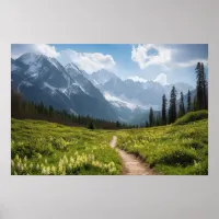 A winding path in a green meadow before a mountain poster