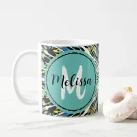 Abstract Splatter Art Pretty Teal & White Monogram Coffee Mug