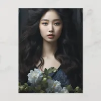 A beautiful Woman with long black hair and flowers Postcard