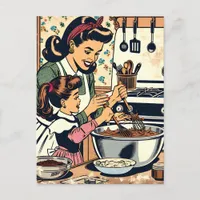 Cute Retro Mom and Daughter Baking Together Postcard