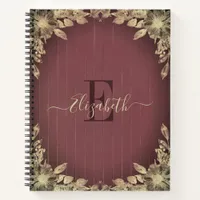 Vintage Maroon Red Wood beige floral Monogram Name Notebook