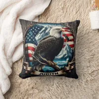 Majestic Eagle Over American Mountains and Flag Throw Pillow