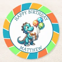 Dinosaur themed Kid's Birthday Party Personalized Round Paper Coaster