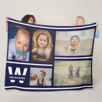 Navy Stripes Multiple Photos Custom Monogram Fleece Blanket