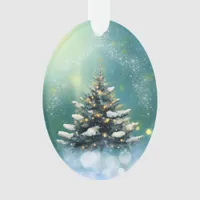 Beautiful Christmas Tree with Snow and Gold Lights Ornament