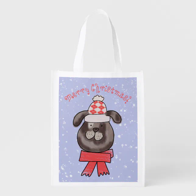 Little Christmas dog wearing knitted cap and scarf Grocery Bag