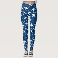 Dark Navy Blue and White Aircraft Pattern Leggings