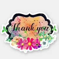 Romantic Black Frame Floral Bouquet Thank You Sticker