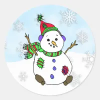 Whimsical Hand drawn Snowman Classic Round Sticker