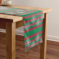 Merry Christmas Snowflakes and Red & Green Stripes Short Table Runner