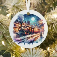 Vintage Train Station on Christmas Personalized Metal Ornament