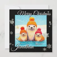 Cute seals with knitted hat Christmas illustration Holiday Card