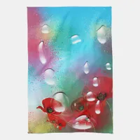 Red Poppies Bouquet Water Drops Paint Spray Art Kitchen Towel