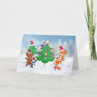 Cartoon Animals Dancing Around the Christmas Tree Holiday Card