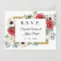 Rustic Elegant Red and Gold Floral Wedding RSVP Invitation Postcard