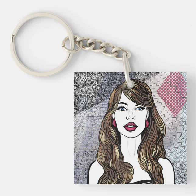 Portrait of a girl with long brown hair keychain