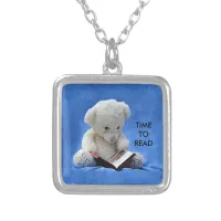 Teddy Bear Time to Read Blue Stuffed Animal, ZKOA Silver Plated Necklace