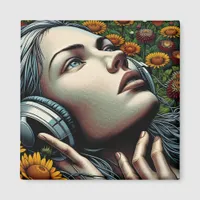 Beautiful Woman with Headphones in Sunflowers Magnet