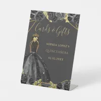 Black Gold Floral Princess Quinceanera    Pedestal Sign