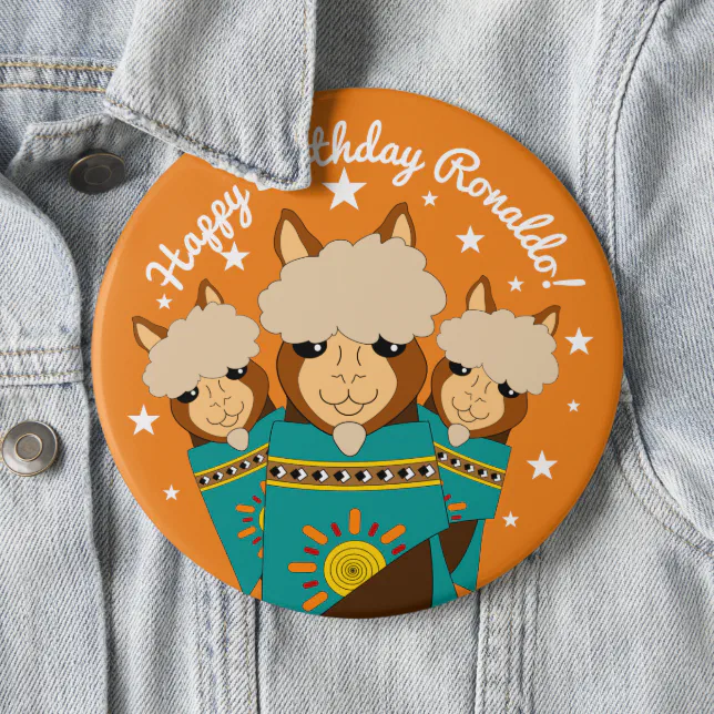 Cute Happy Birthday Boy Alpacas in Teal Serapes Button