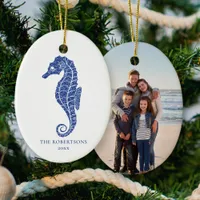 Cute Seahorse Navy Glitter Coastal Christmas Photo Ceramic Ornament