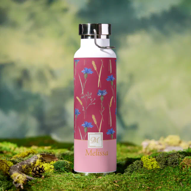 Red Floral Wildflower Monogram Water Bottle