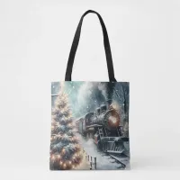 Old-Fashioned Train and Vintage Winter Scene Tote Bag