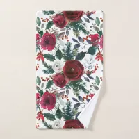 Burgundy Roses, Pine, Holly Christmas Floral Hand Towel