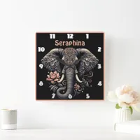 Floral elephant artwork square wall clock