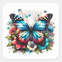 Blue Butterfly and Flowers   Square Sticker