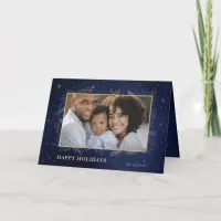 Blue Gold Botanical Sparkle Photo Holiday Card